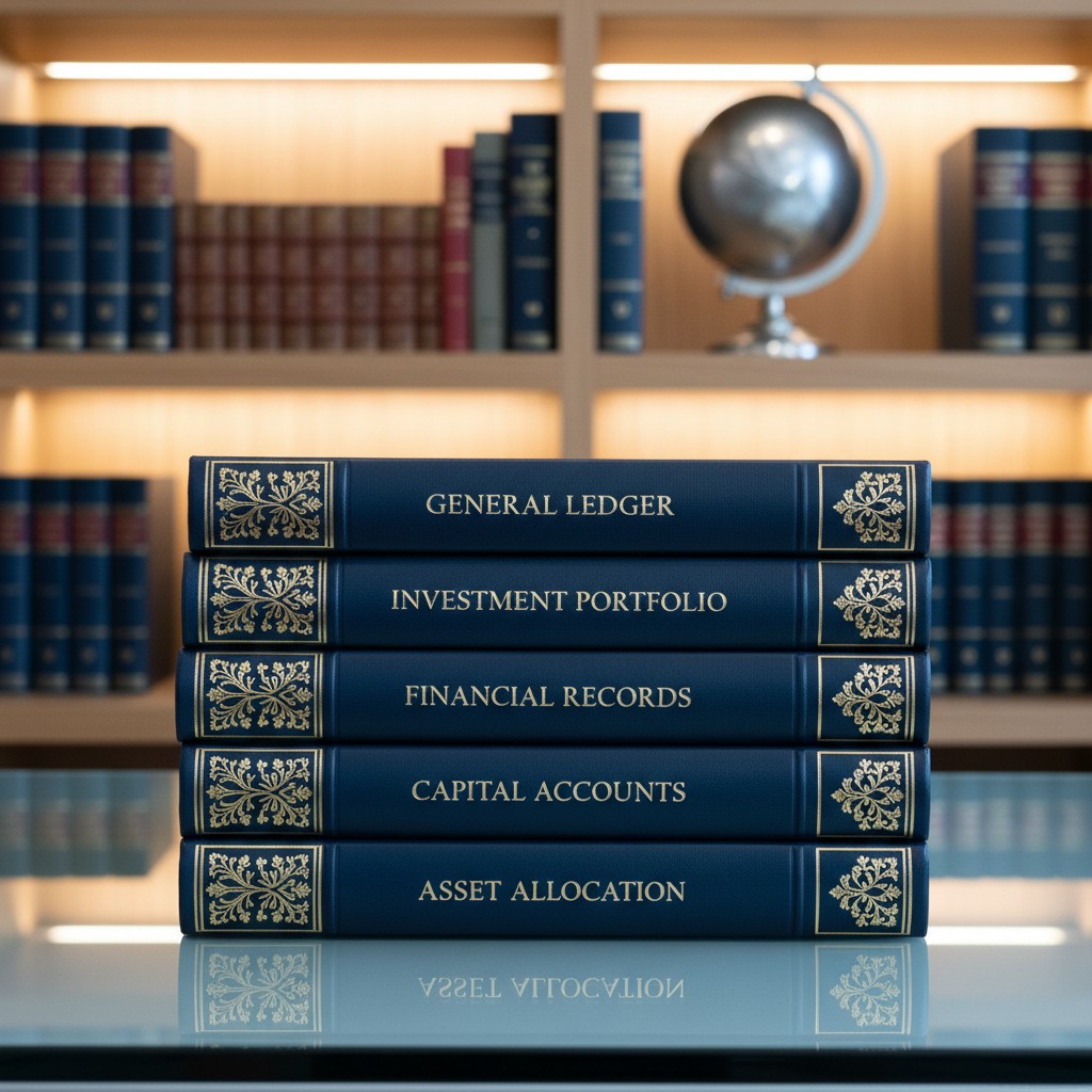 A stack of five blue books with gold-embossed floral borders and content labels, likely financial records, on a reflective...