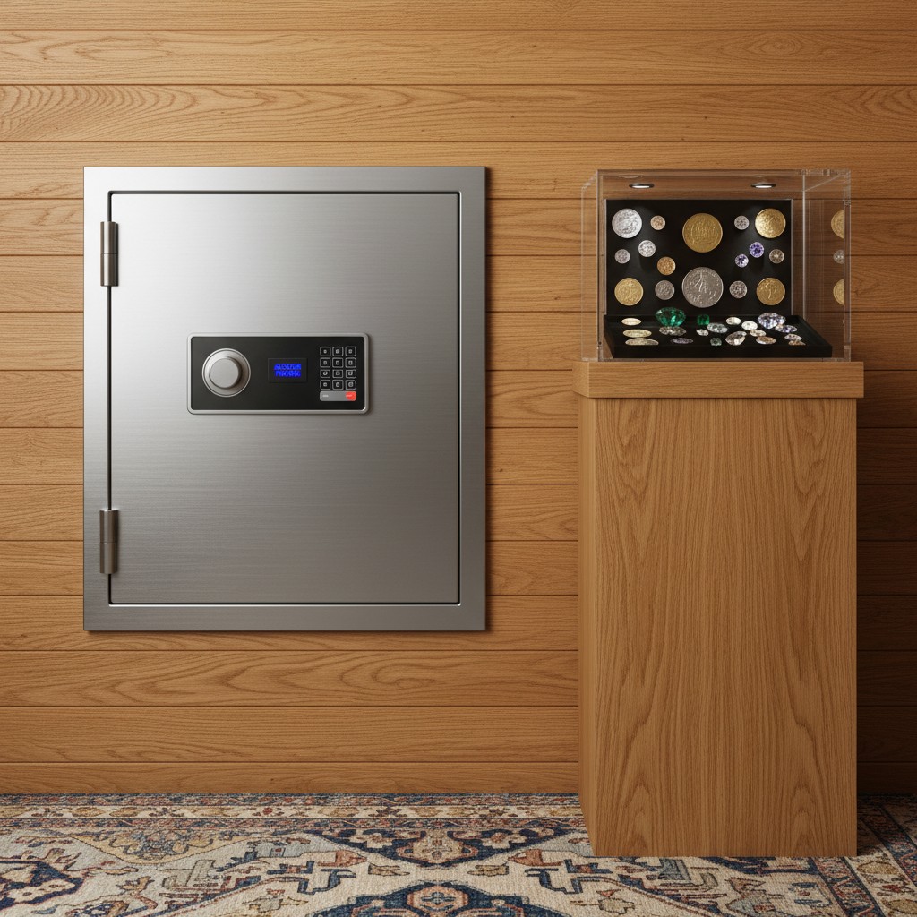 A wall-mounted safe featuring electronic combination locking and a digital readout calculator, accompanied by a display ca...