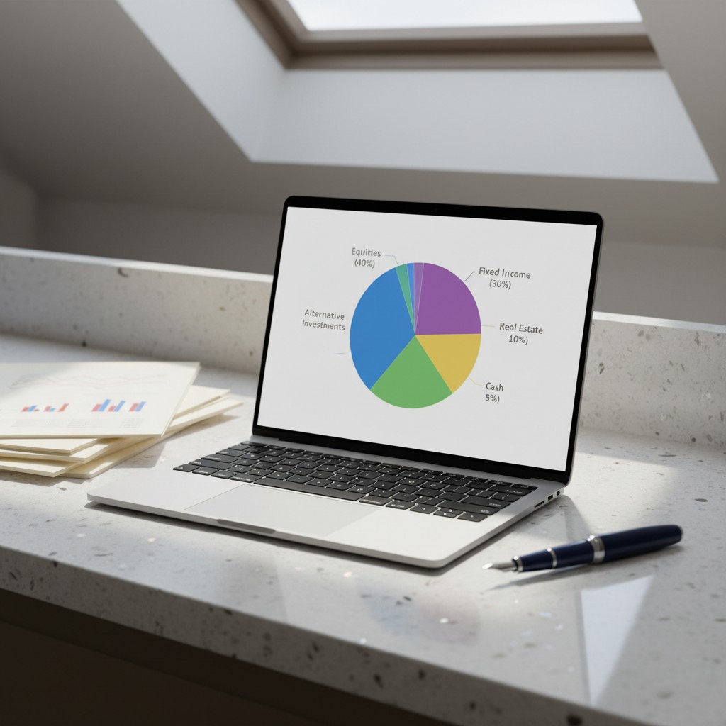 currently displaying a pie chart on multiple financial assets across a laptop while in a well-lit office space under natur...